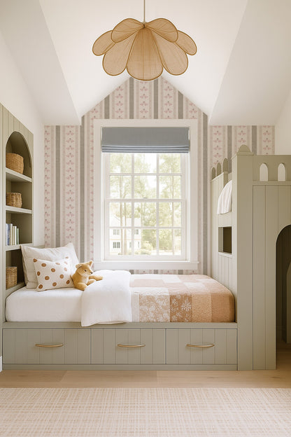 Dusty rose and sage striped floral wallpaper in cozy bedroom with built-in bed and window.