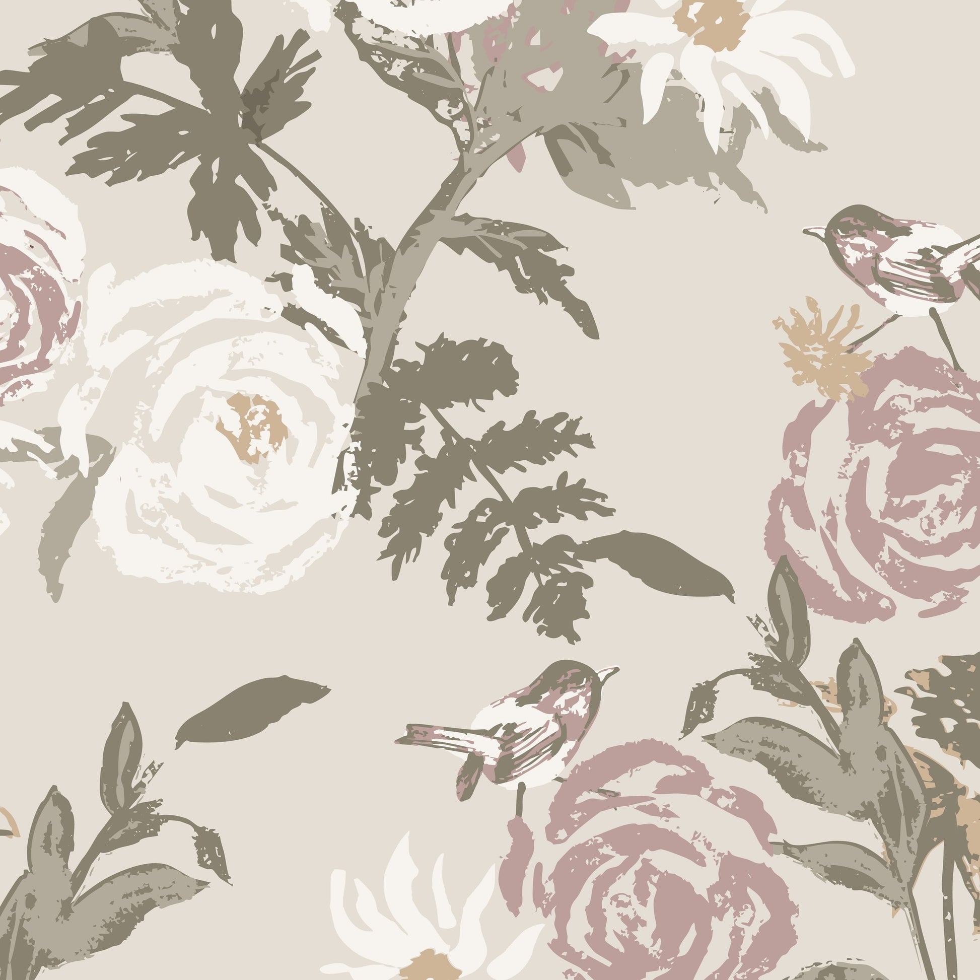 Vintage floral wallpaper with dusty rose roses, creamy daisies, olive leaves, and birds.