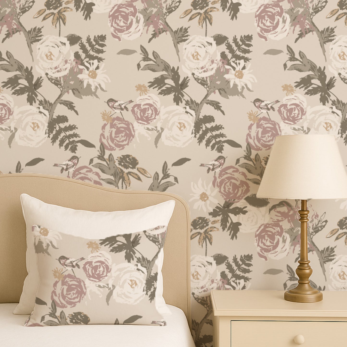 Vintage floral bird wallpaper in dusty rose and taupe with roses and daisies in a bedroom setting.
