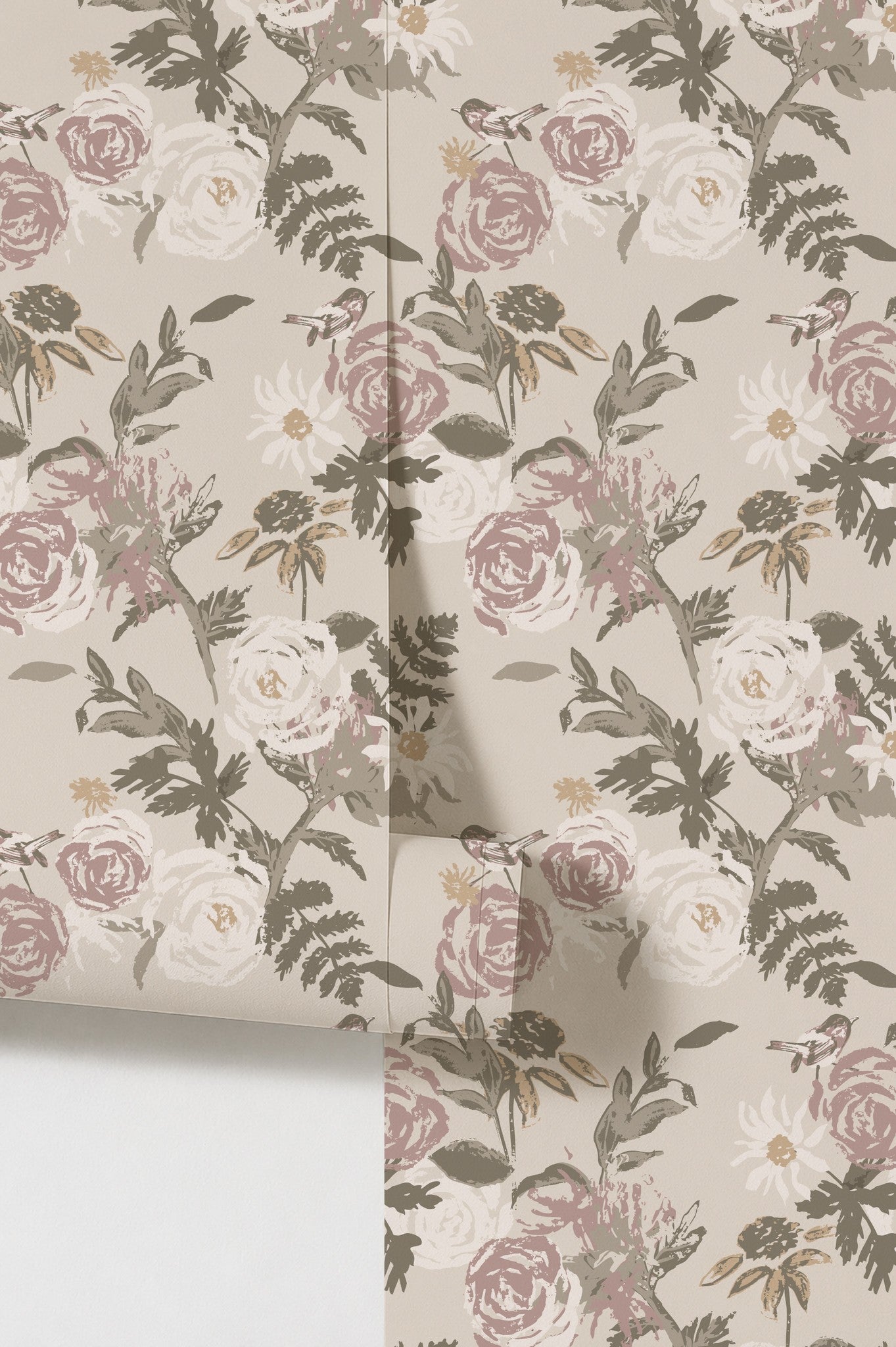 Dusty rose and taupe floral wallpaper with birds and leaves.