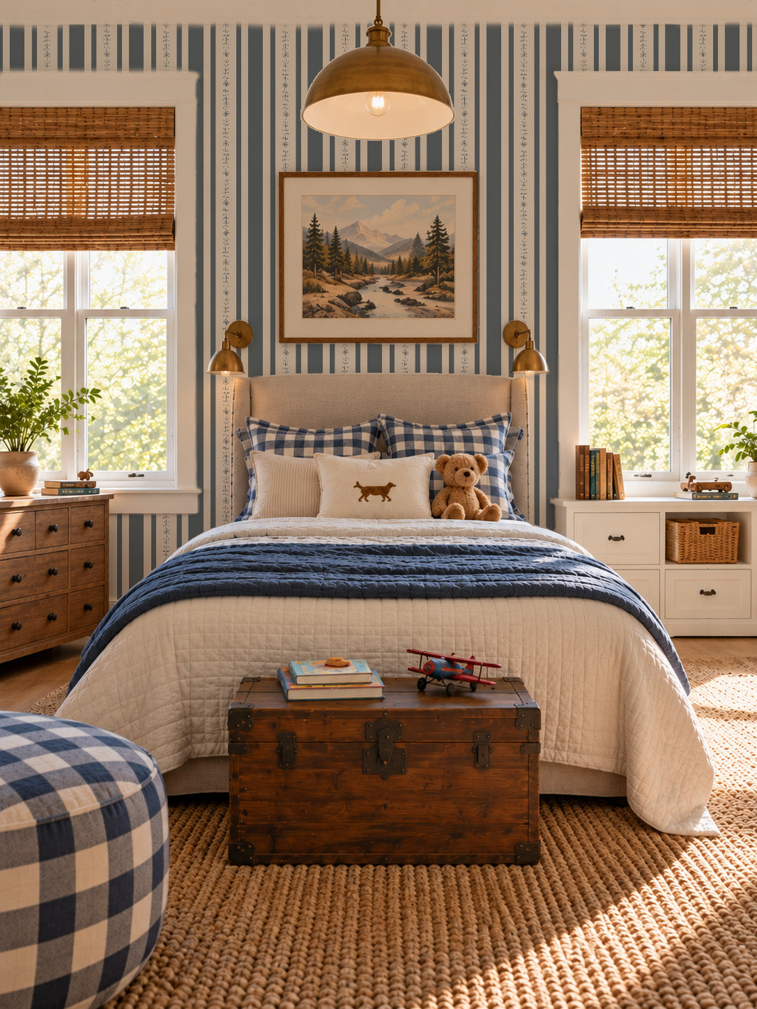 Bedroom with Emma Dark Blue Floral Stripe Wallpaper, rustic decor and natural light.