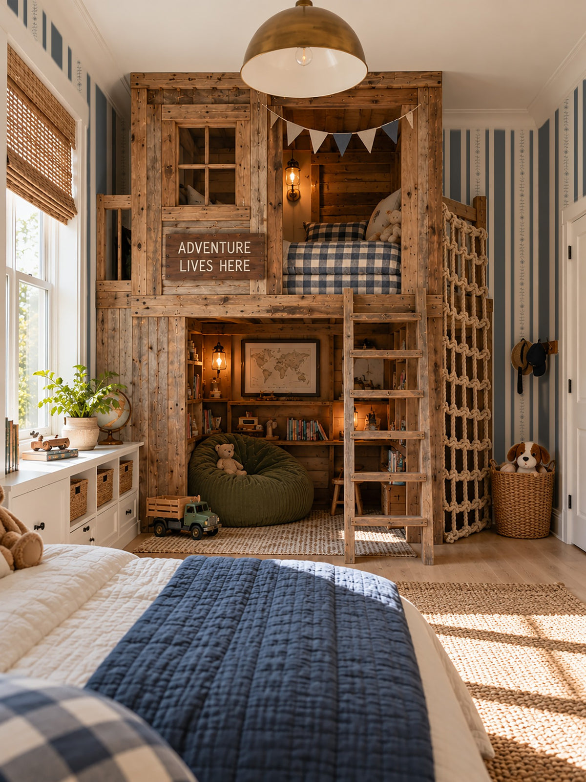 Emma dark blue floral stripe wallpaper in cozy rustic bedroom with loft bed.