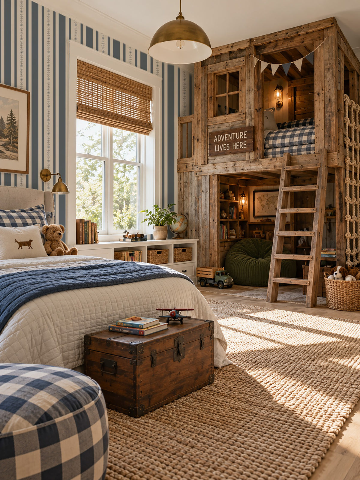 Emma Dark Blue Floral Stripe Wallpaper in cozy rustic bedroom with wooden decor.