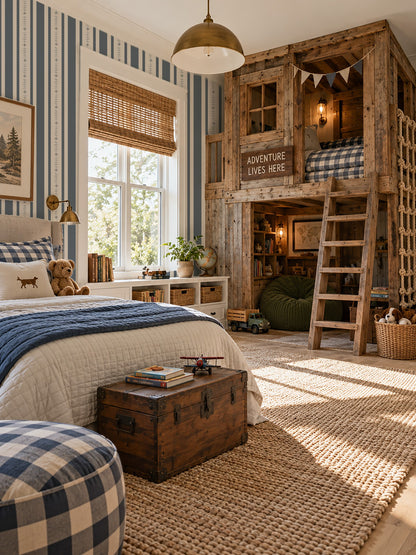 Emma Dark Blue Floral Stripe Wallpaper in cozy rustic bedroom with wooden decor.