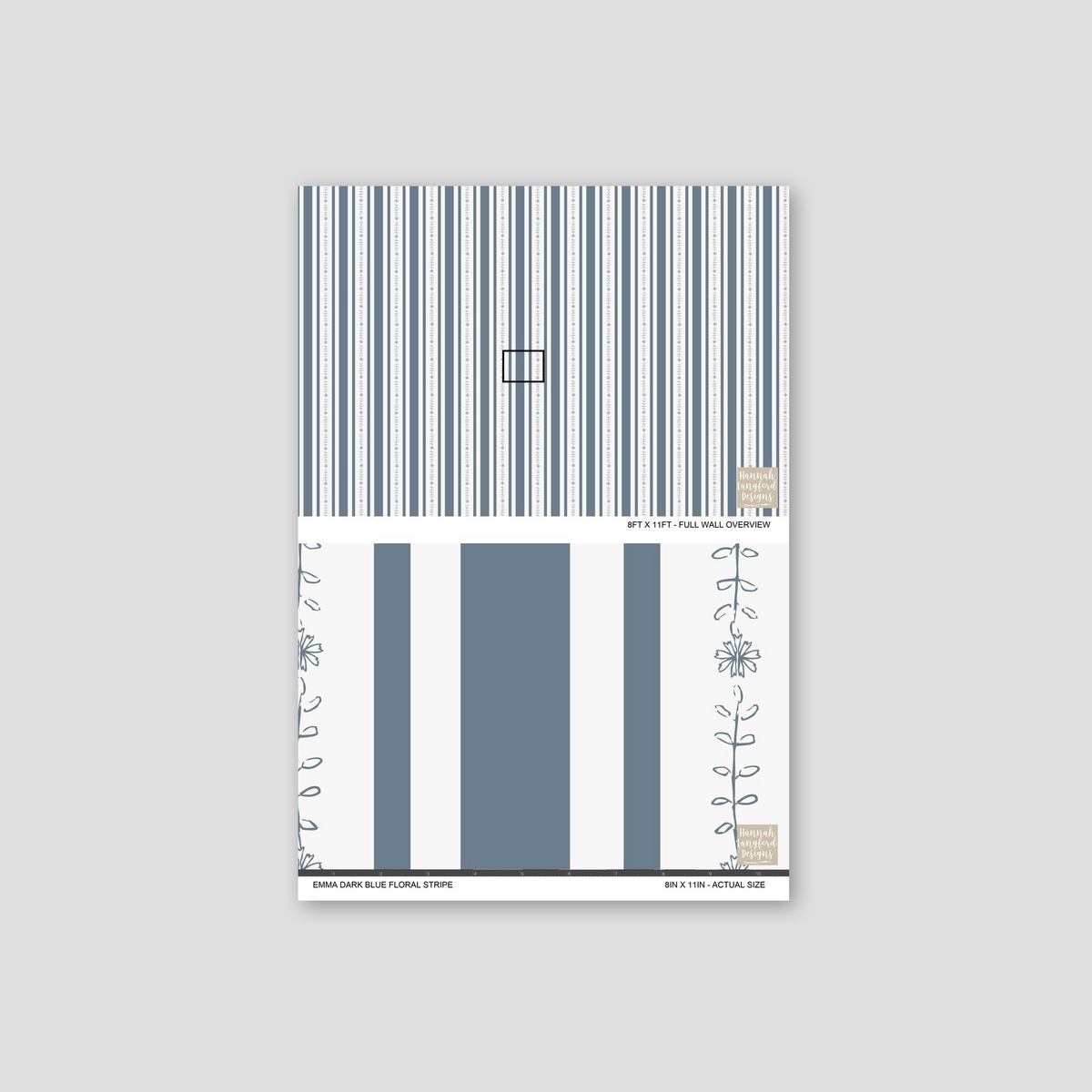 Emma dark blue floral stripe wallpaper sample with floral motifs.
