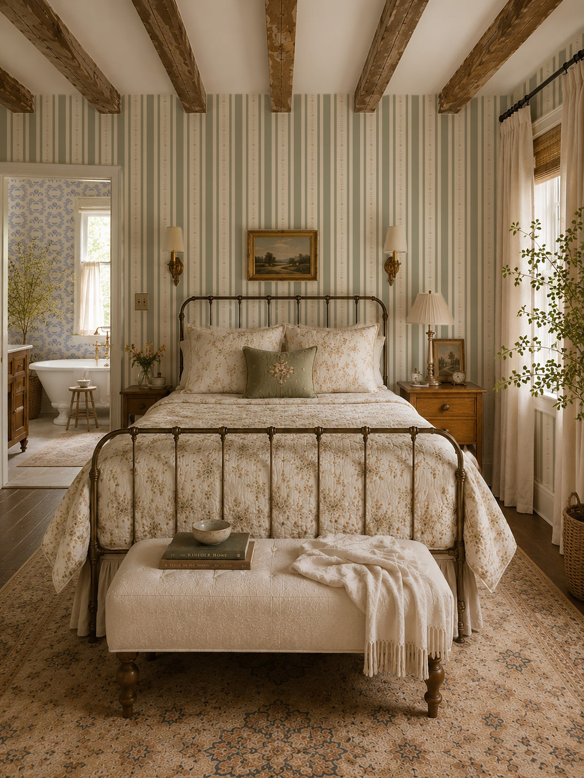 Olive floral stripe wallpaper in cozy bedroom with rustic decor.