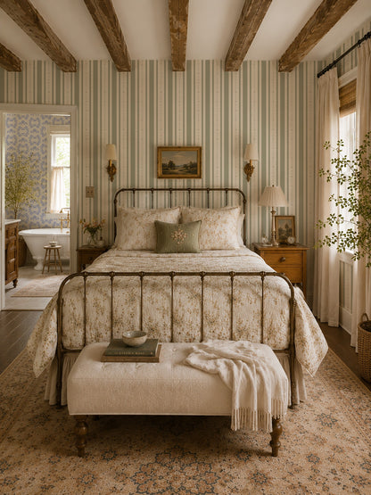 Olive floral stripe wallpaper in cozy bedroom with rustic decor.