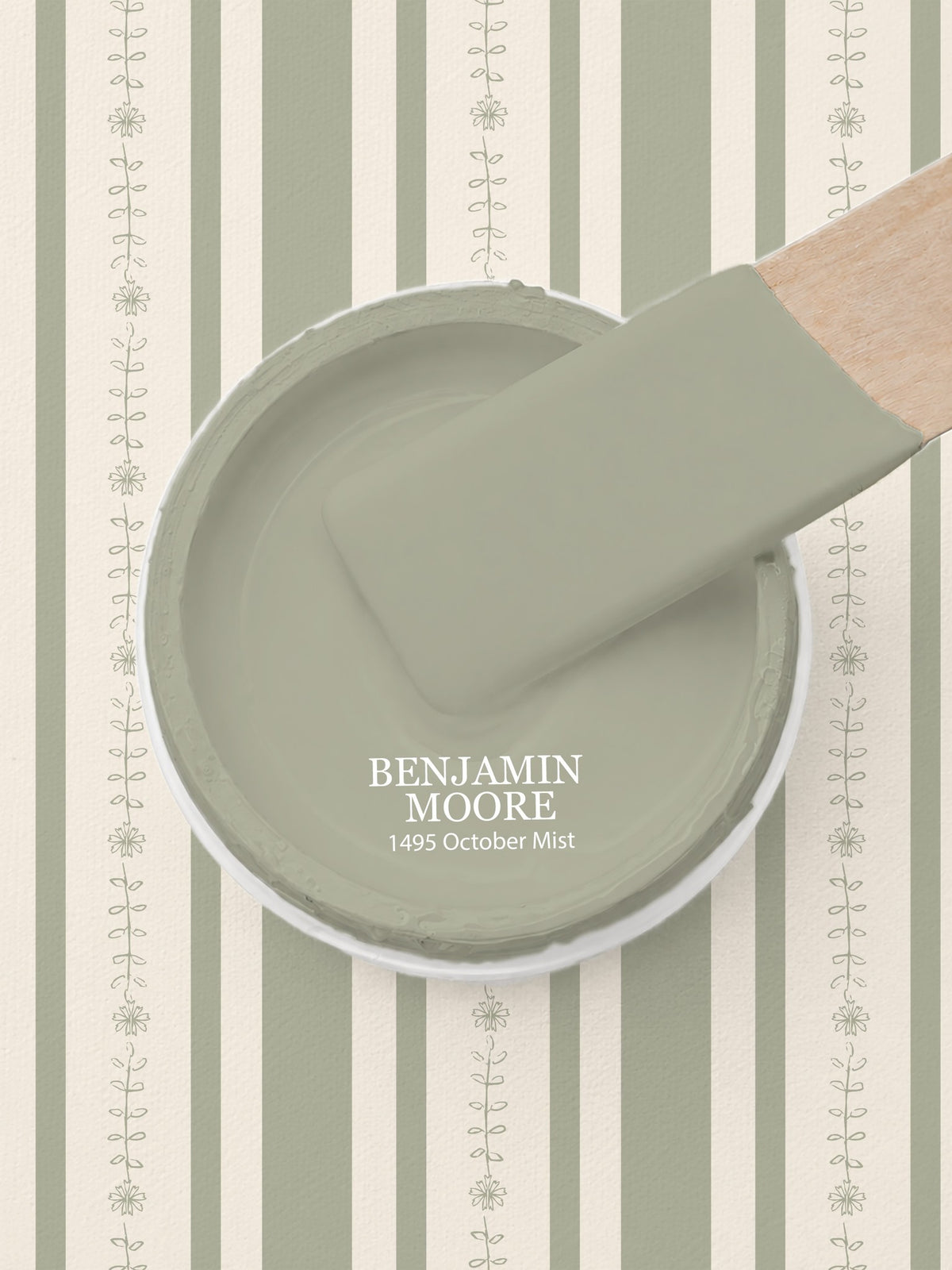 Olive floral stripe wallpaper with paint swatch in soft sage green.