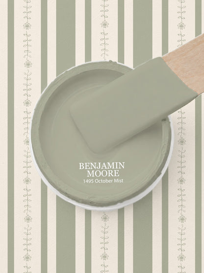 Olive floral stripe wallpaper with paint swatch in soft sage green.