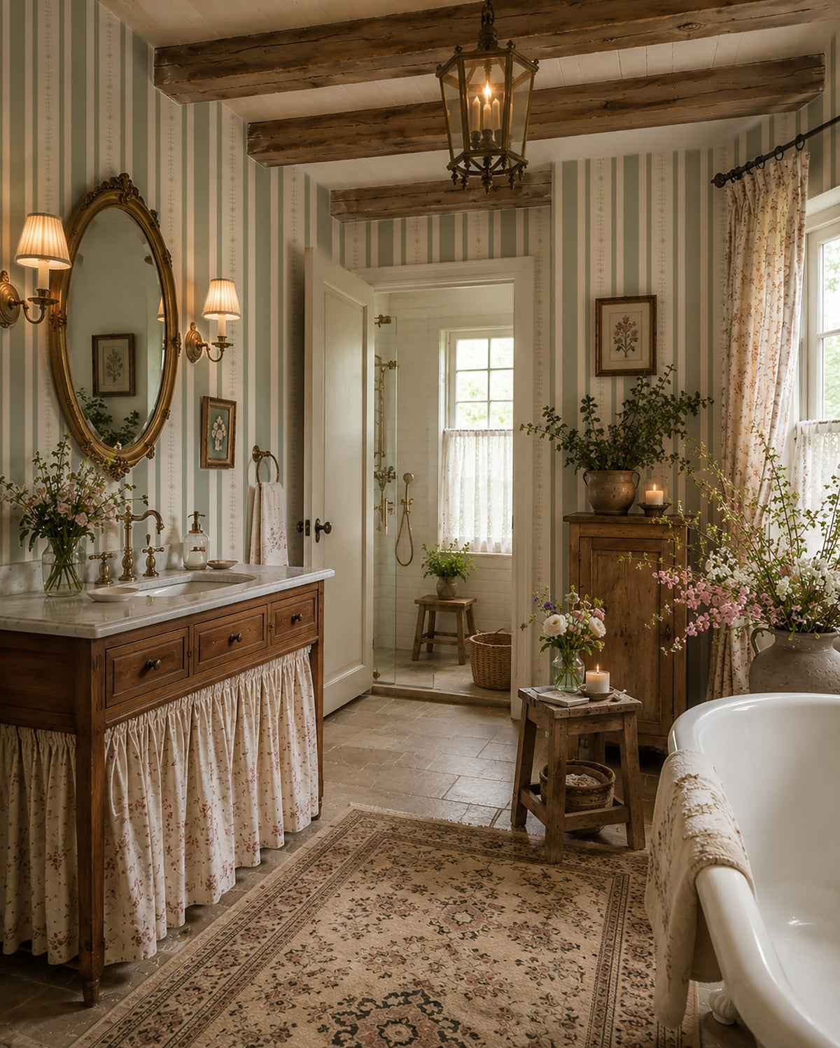 Olive floral stripe wallpaper in vintage bathroom with wooden beams and floral decor.