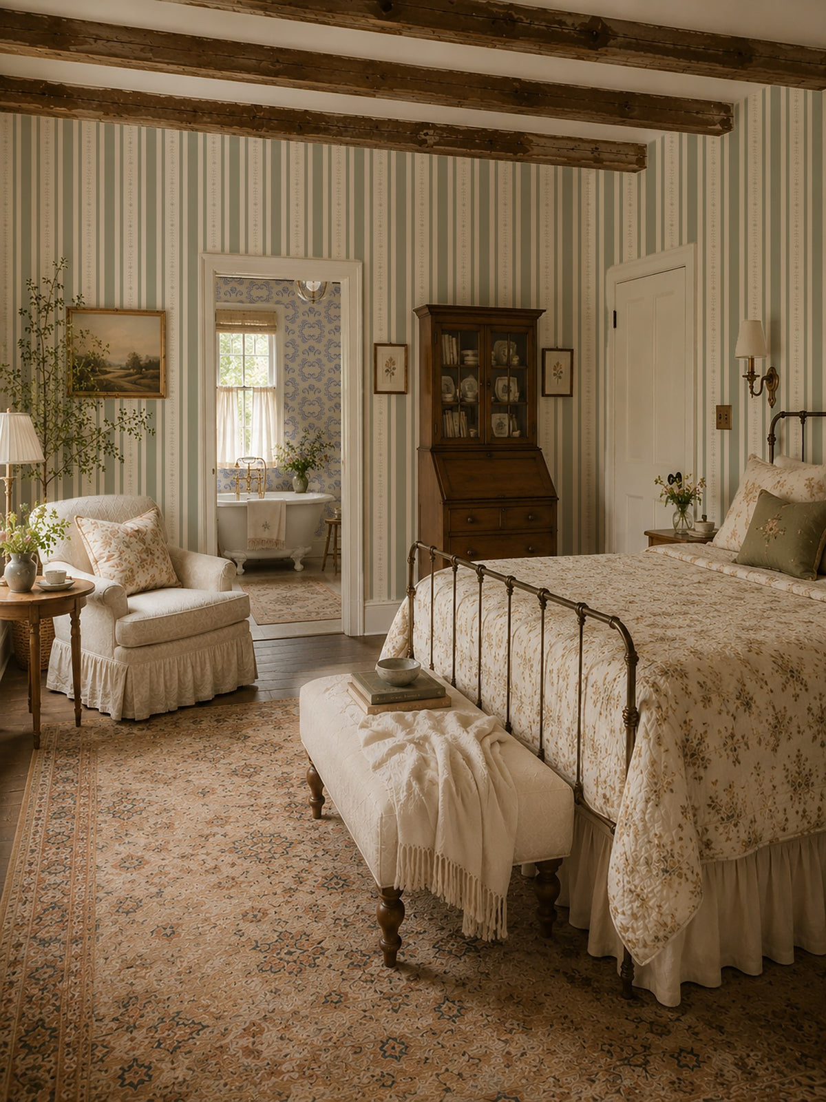 Striped floral wallpaper in serene bedroom with vintage decor and natural wood accents.