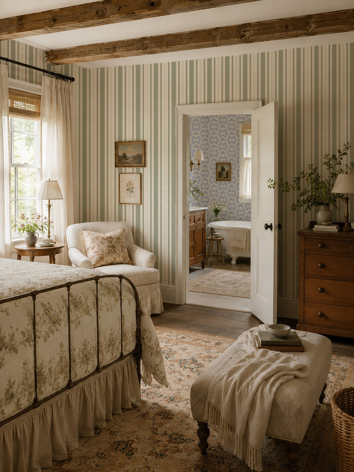Emma Floral Stripe Olive wallpaper in cozy bedroom with vintage decor and wood beams.