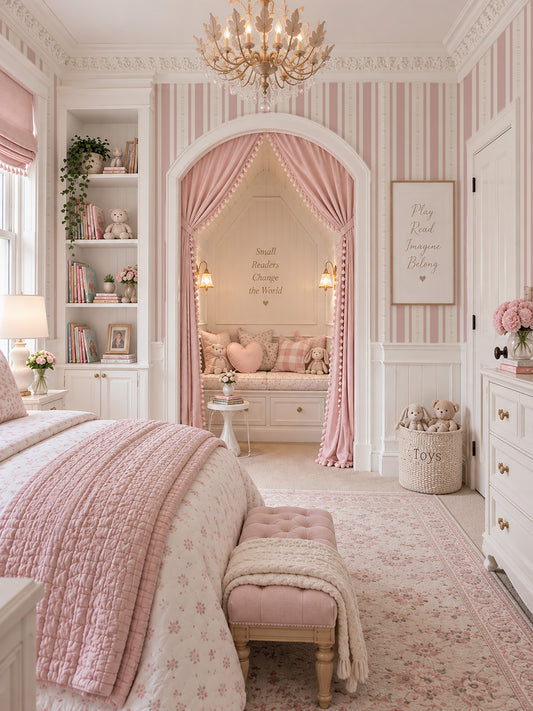 Bedroom with Emma Flower Stripe Wallpaper in rose and cream, floral accents, vintage decor.