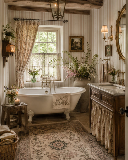 Bathroom with Emma Flower Stripe Wallpaper in sand, featuring beige stripes and floral vines.