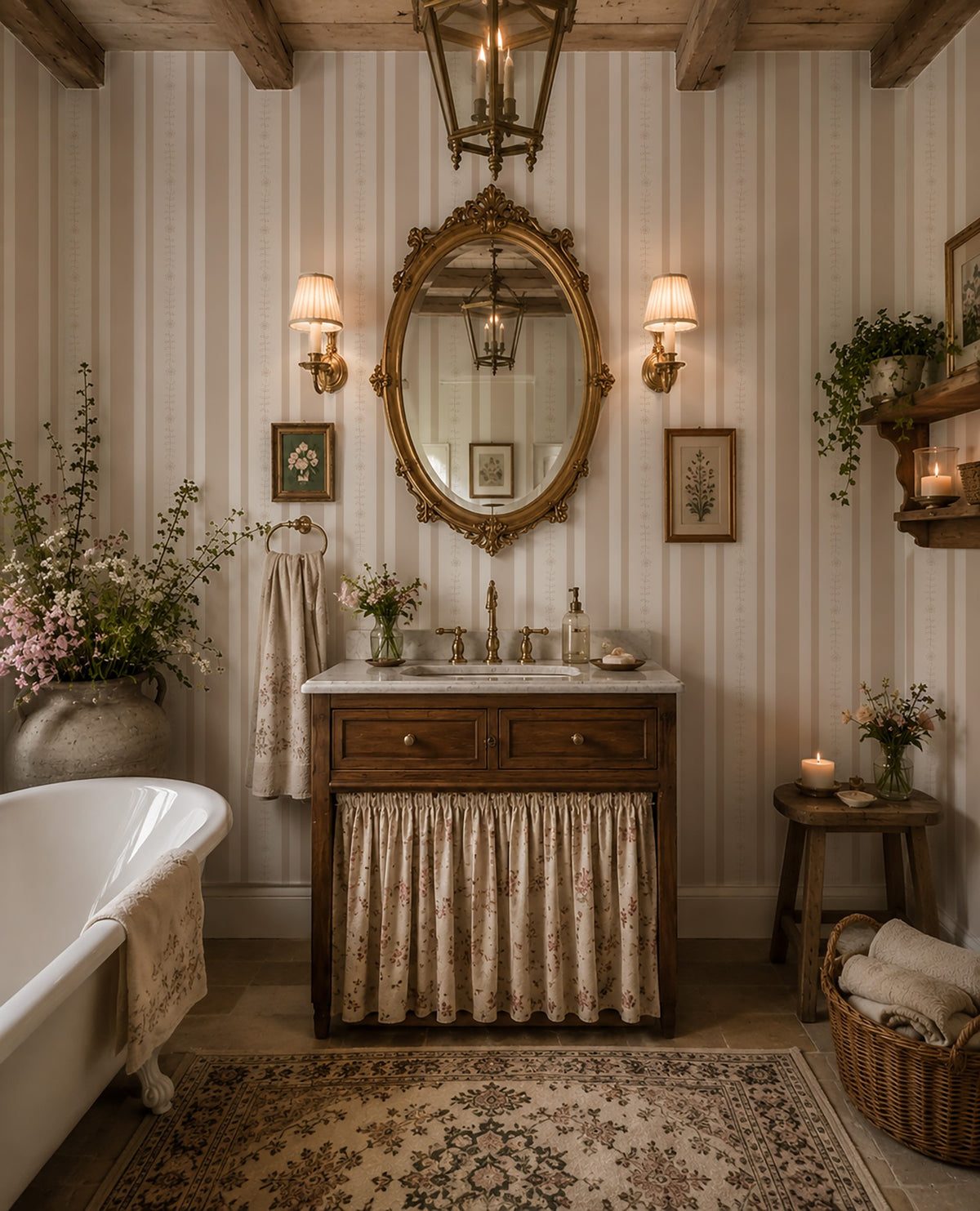 Bathroom with Emma Flower Stripe Wallpaper in beige and white with floral vines.