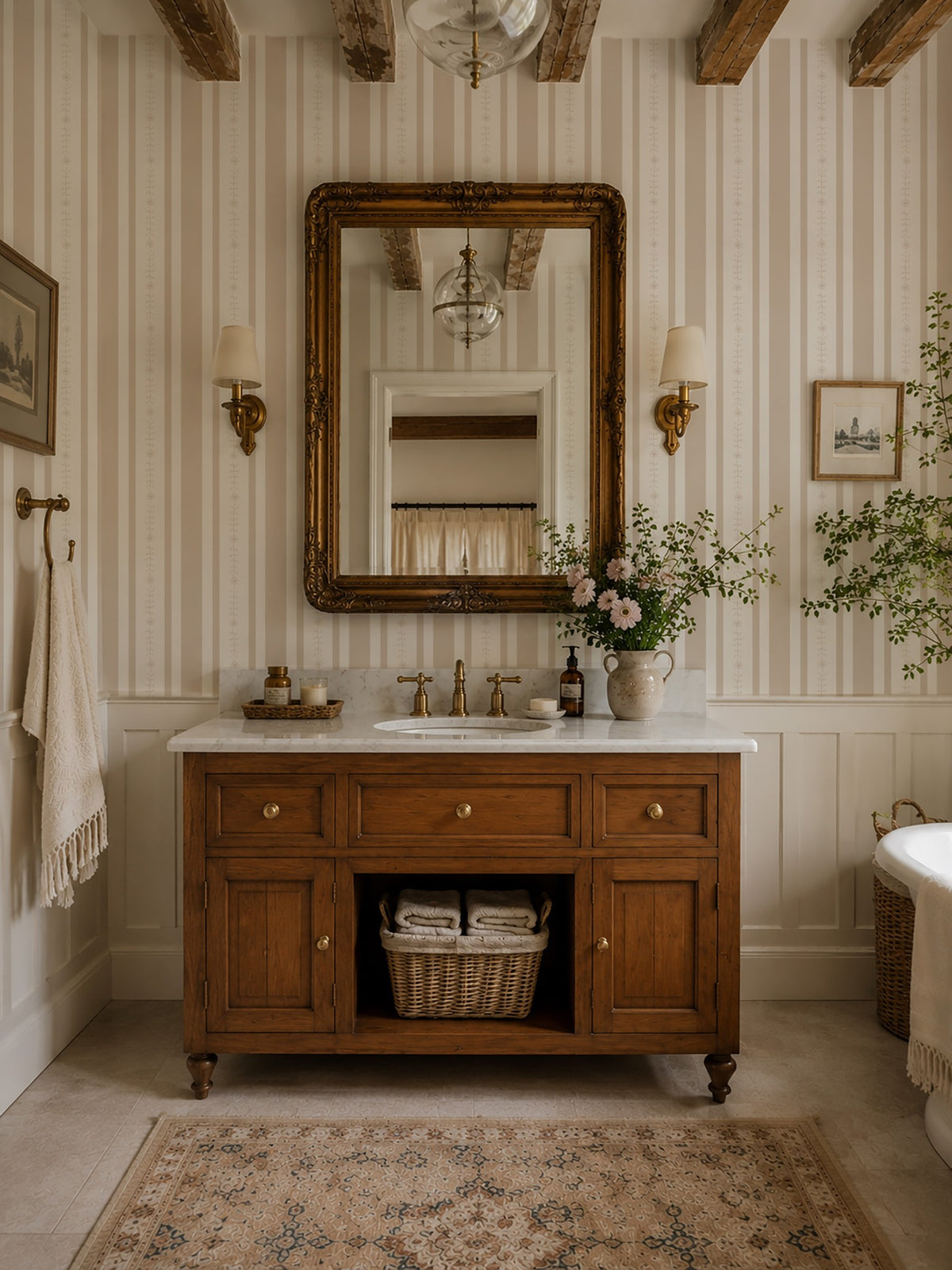 Bathroom with Emma Flower Stripe Wallpaper in sand color, featuring floral stripes and vintage decor.