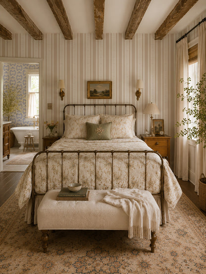 Bedroom with Emma Flower Stripe Wallpaper in sand, featuring beige and white floral stripes, vintage decor.