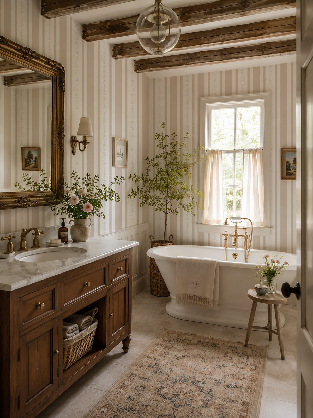 Bathroom with Emma Flower Stripe Wallpaper Sand, featuring beige and white floral stripes, vintage decor.