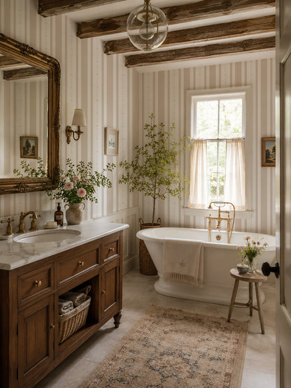 Bathroom with Emma Flower Stripe Wallpaper Sand, featuring beige and white floral stripes, vintage decor.