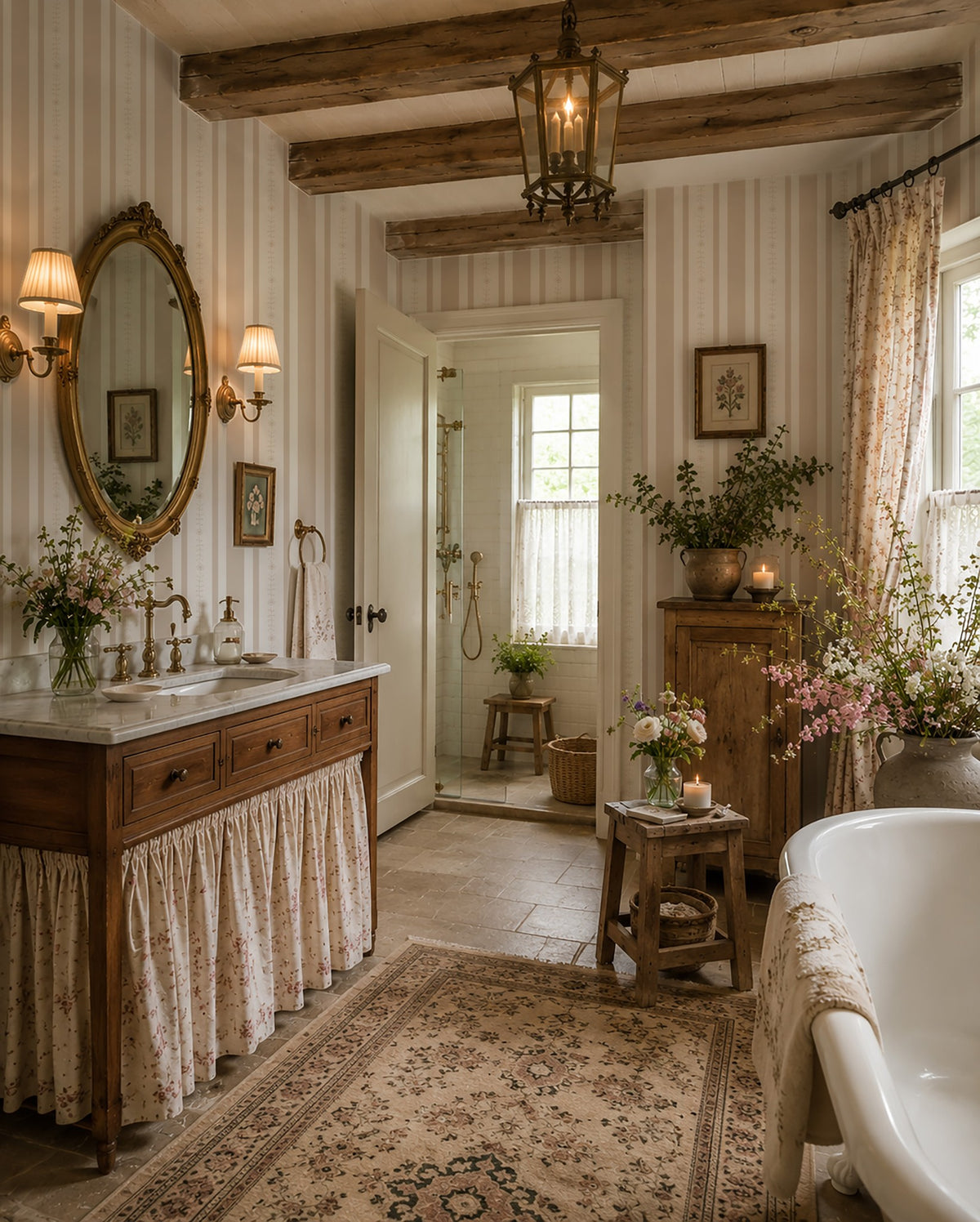 Emma Flower Stripe Wallpaper Sand in vintage bathroom with floral accents.