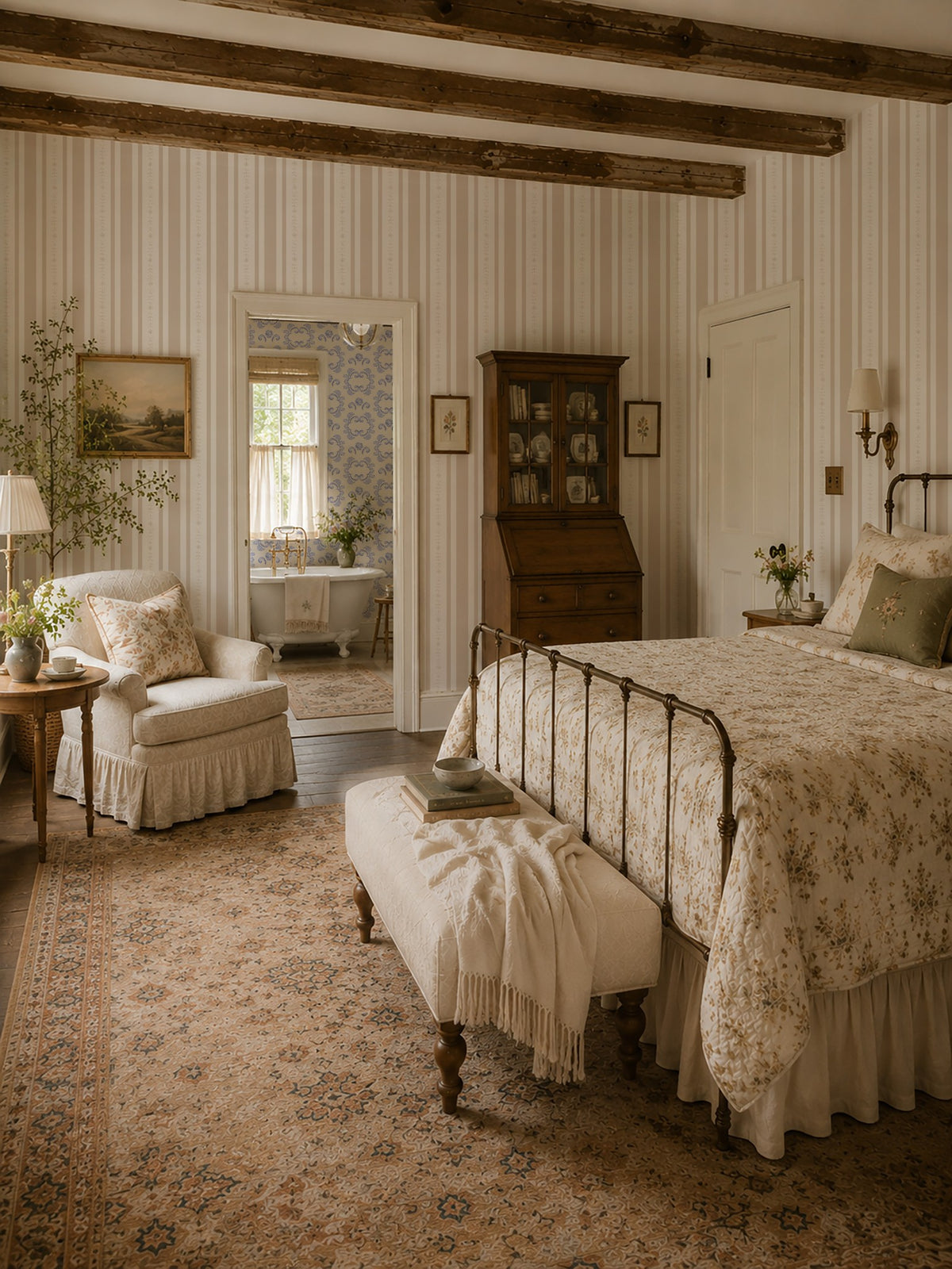 Bedroom with Emma Flower Stripe Wallpaper Sand, featuring beige stripes and floral vines, vintage decor.