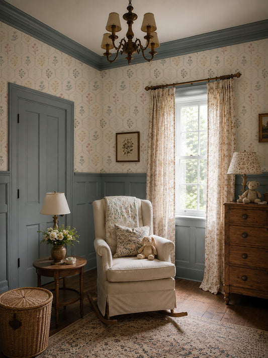 Cottage-style room with floral trellis wallpaper in blue and gold, vintage decor.