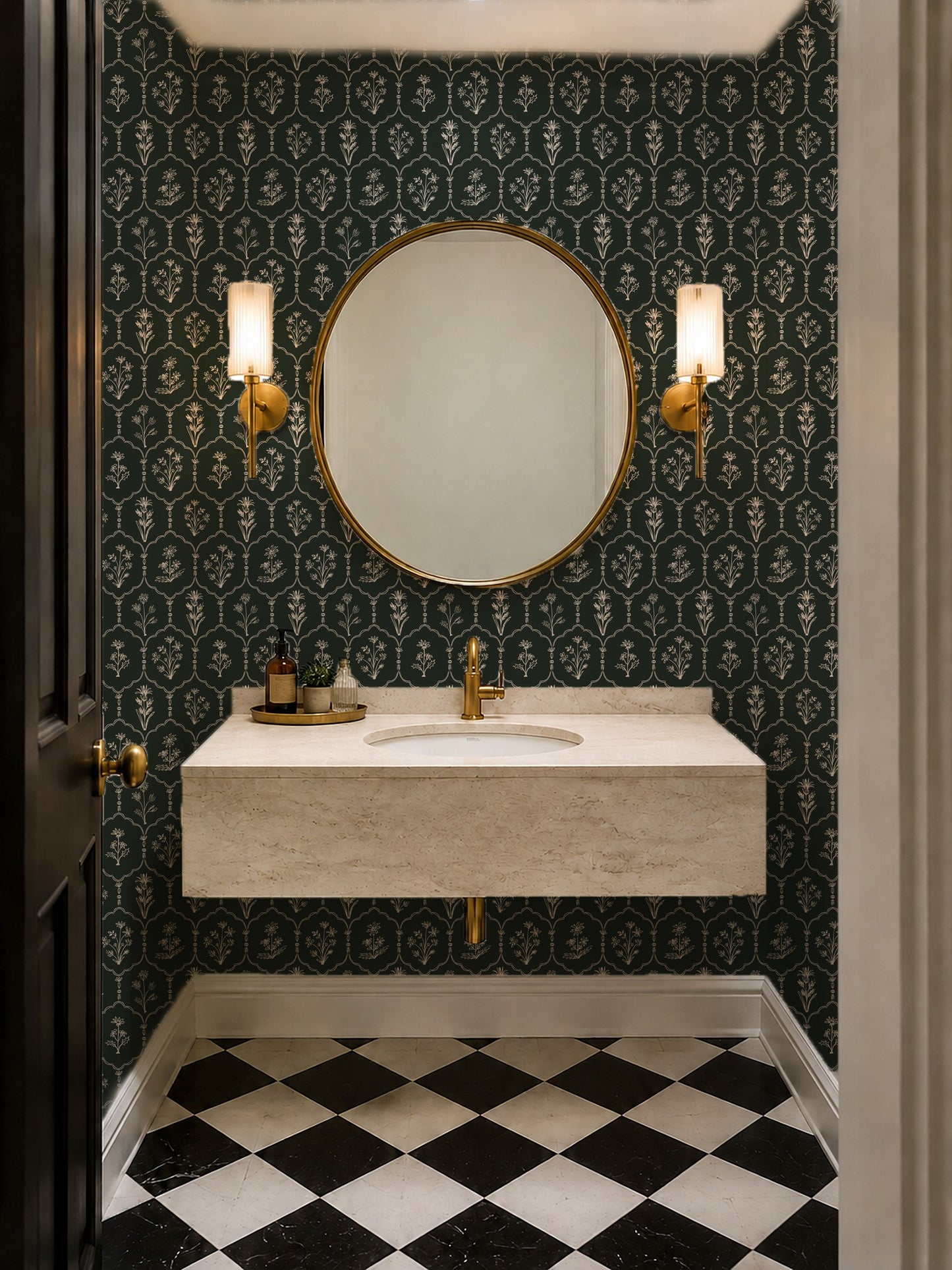 Elegant bathroom with Floral Trellis Green wallpaper, gold fixtures, and checkered floor.