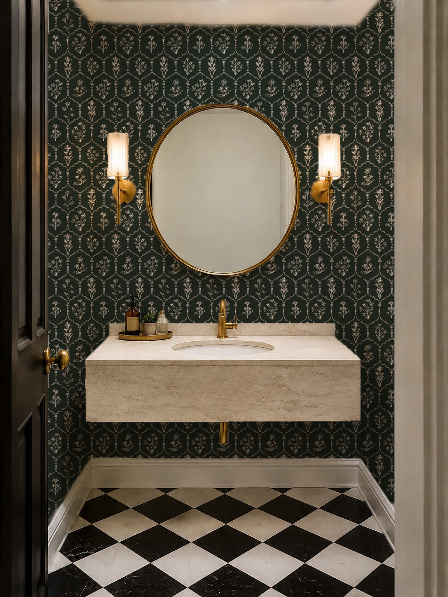 Elegant bathroom with Floral Trellis Green wallpaper, gold fixtures, and checkered floor.