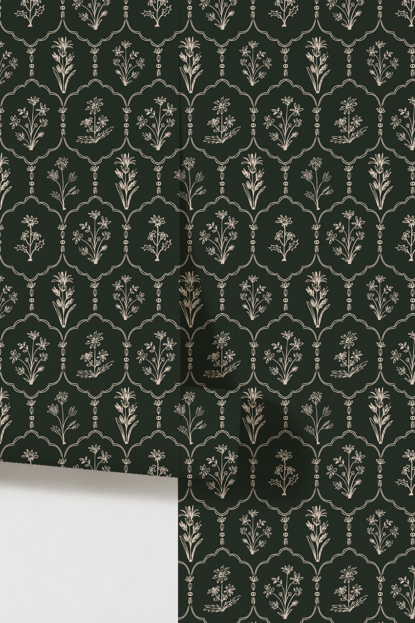 Floral trellis green wallpaper with intricate botanical motifs.