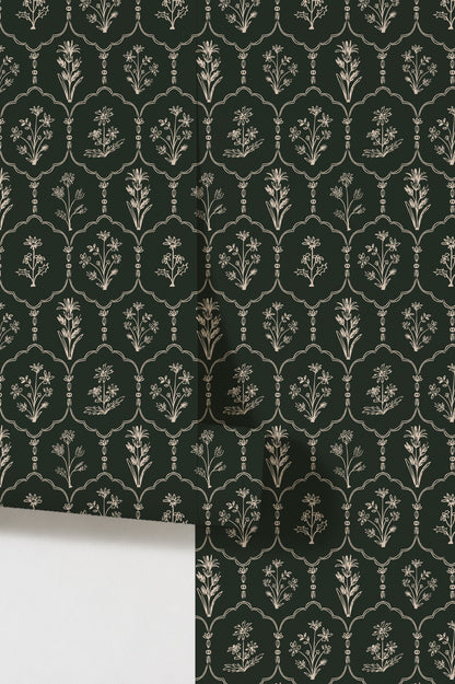 Floral trellis green wallpaper with intricate botanical motifs.