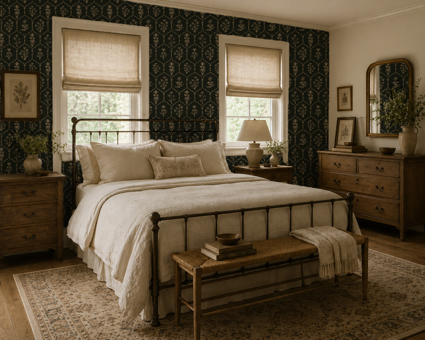 Floral Trellis Green wallpaper in elegant bedroom with wooden furniture.