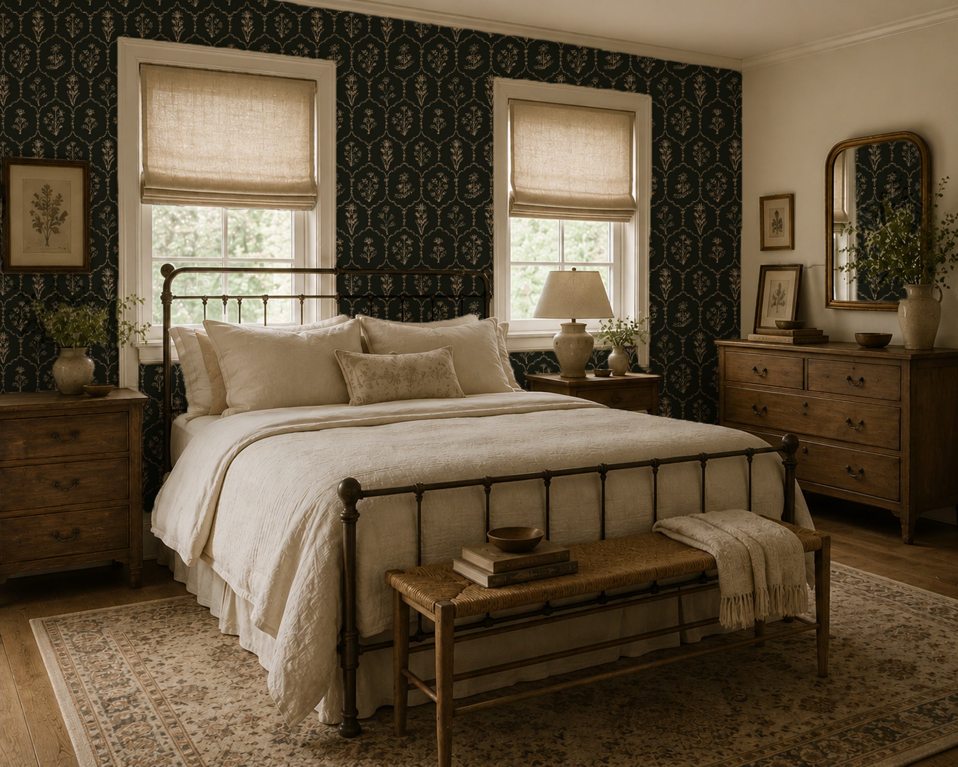 Floral Trellis Green wallpaper in elegant bedroom with wooden furniture.