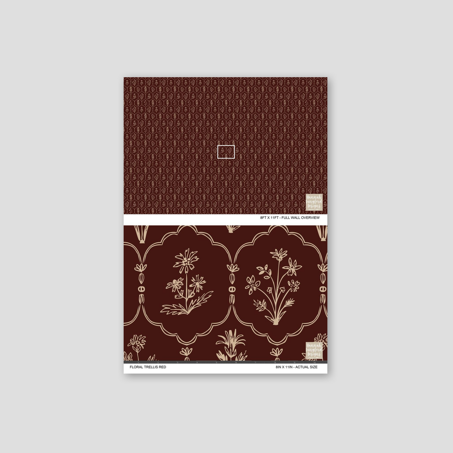 Floral Trellis Red wallpaper sample with cream motifs on burgundy background.