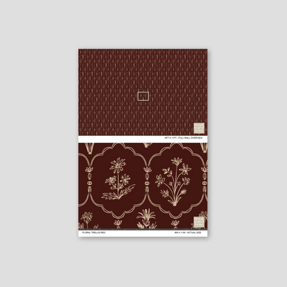 Floral Trellis Red wallpaper sample with cream motifs on burgundy background.