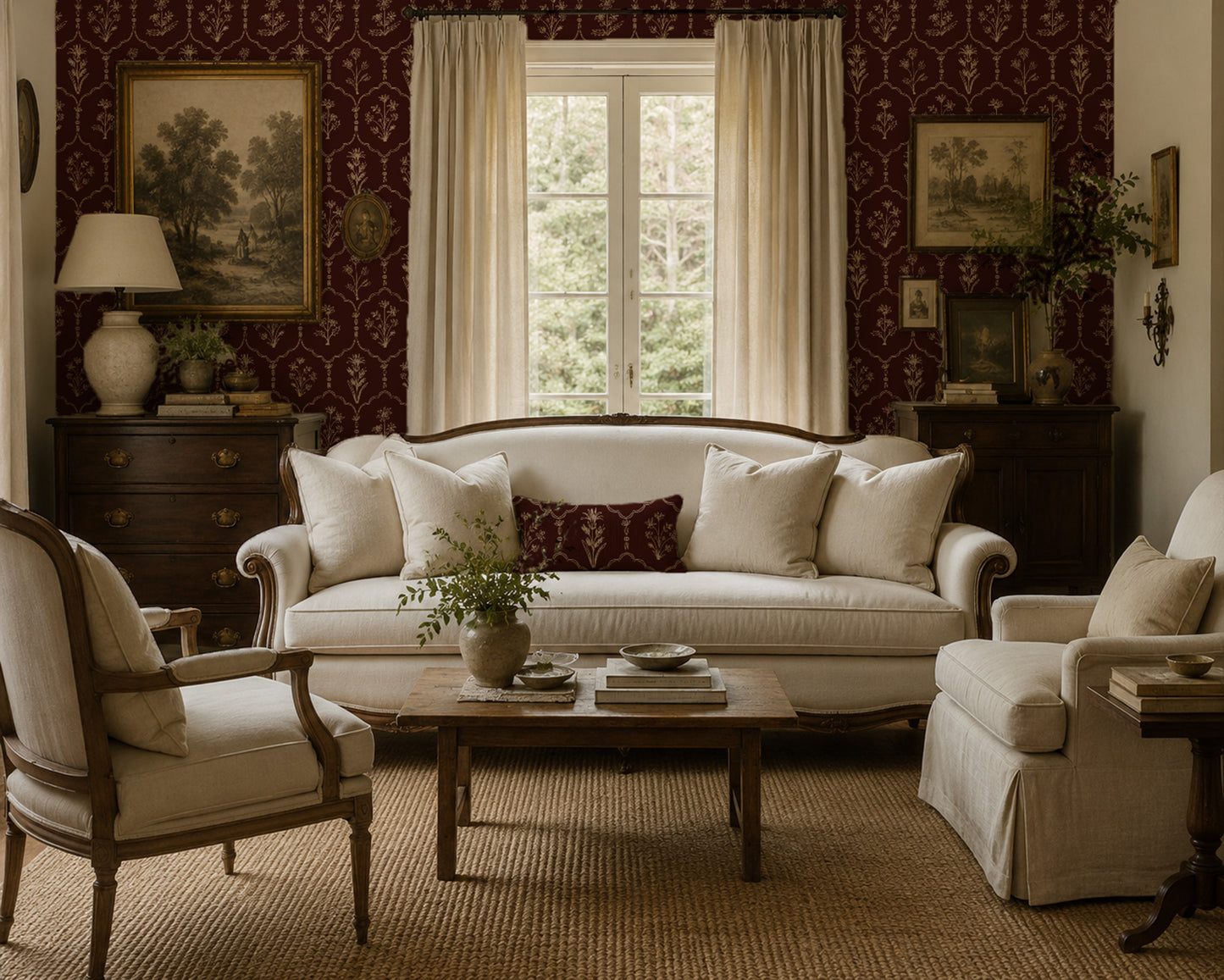 Floral trellis red wallpaper in vintage living room with cream sofa and wooden furniture.