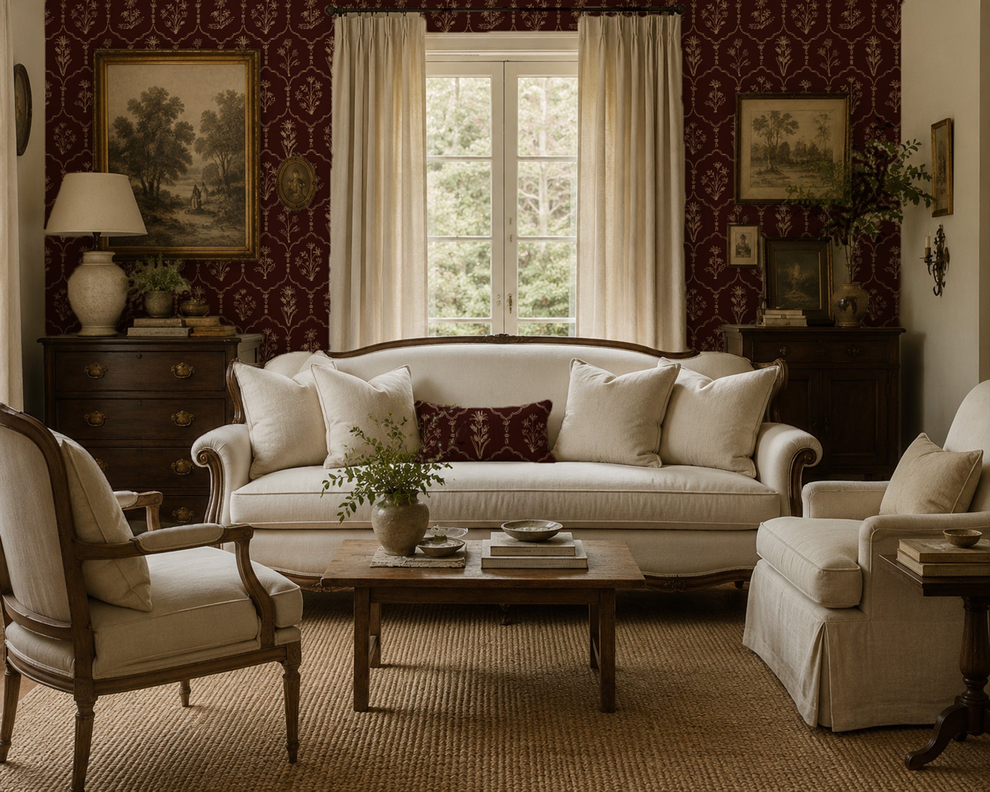 Floral trellis red wallpaper in vintage living room with cream sofa and wooden furniture.