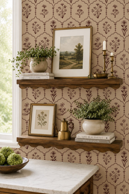 Floral trellis tan wallpaper with brown motifs in cozy room setting.