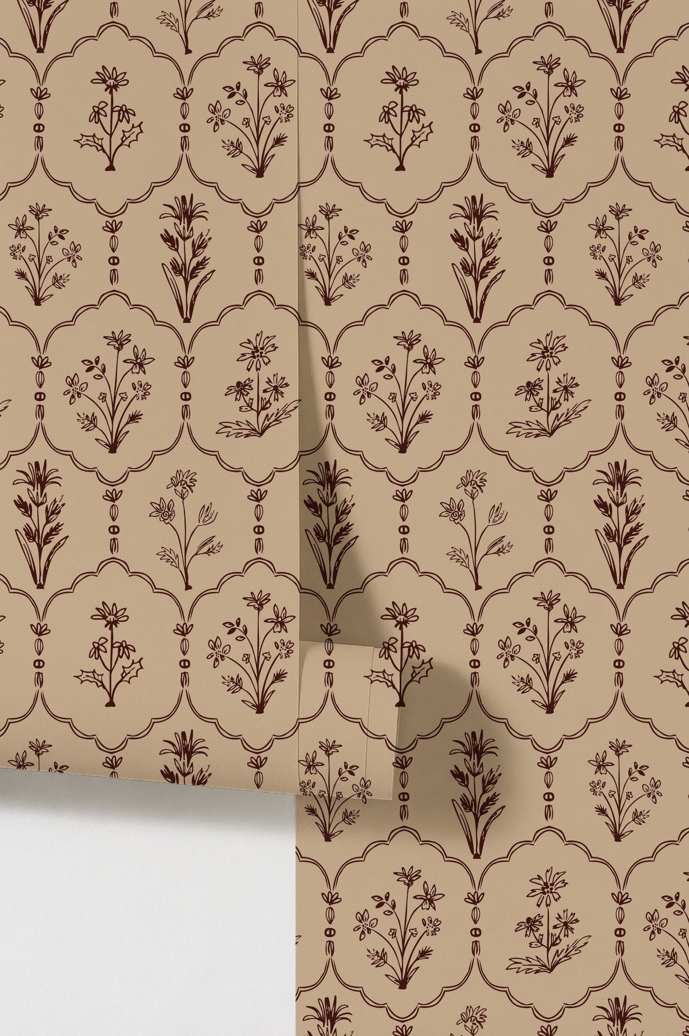 Floral trellis tan wallpaper with brown motifs on taupe background.