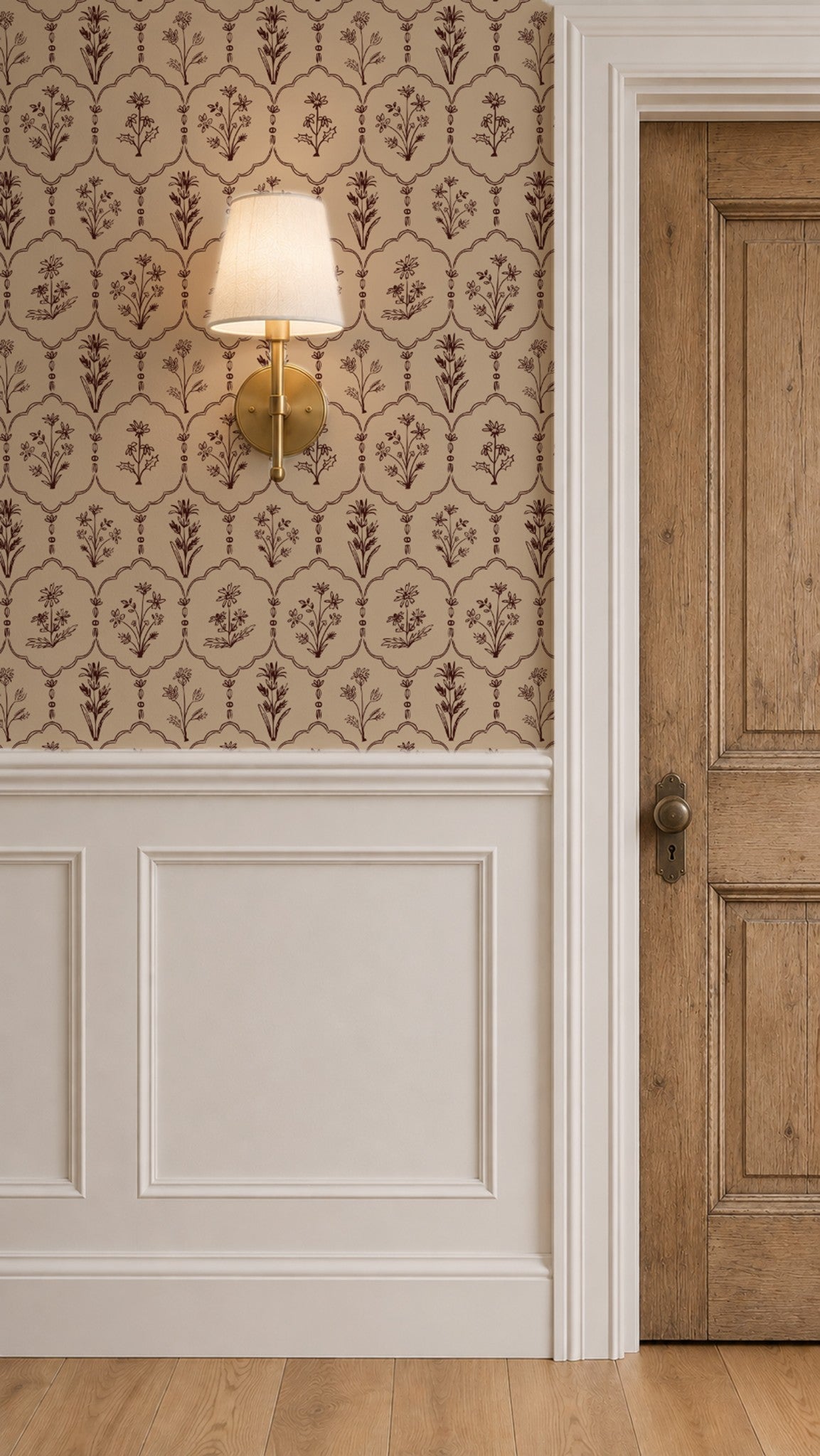 Floral Trellis Tan wallpaper with brown motifs on taupe in classic room setting.