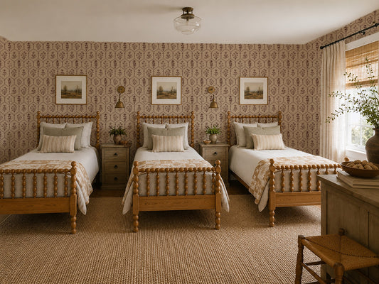 Floral trellis tan wallpaper in a cozy bedroom with three wooden beds.