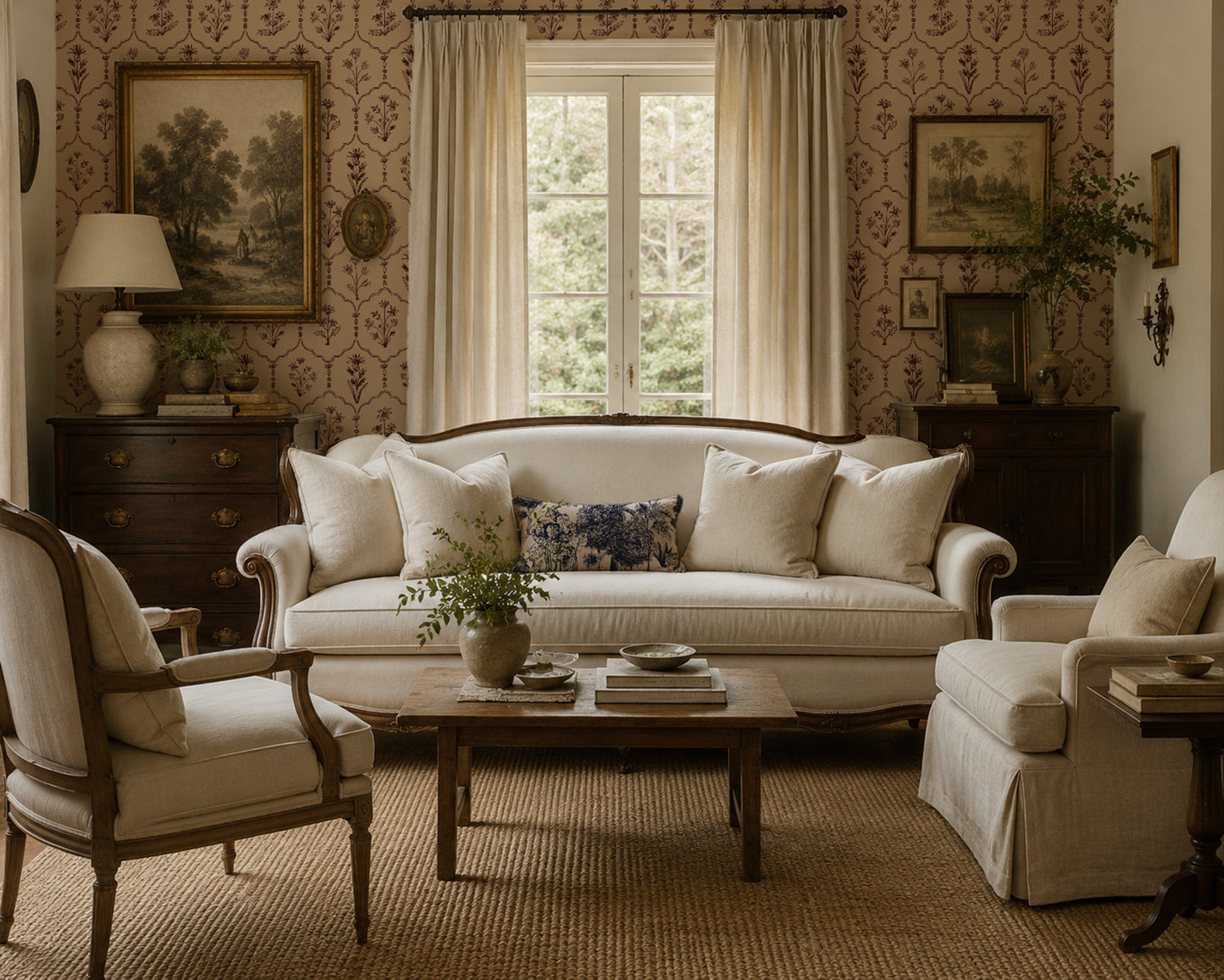 Floral trellis tan wallpaper in elegant living room with classic furniture.