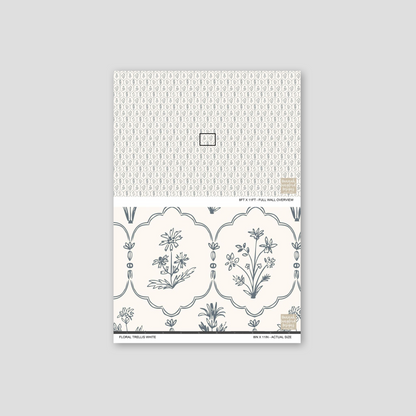 Floral Trellis White wallpaper with delicate blue floral motifs on a cream background.