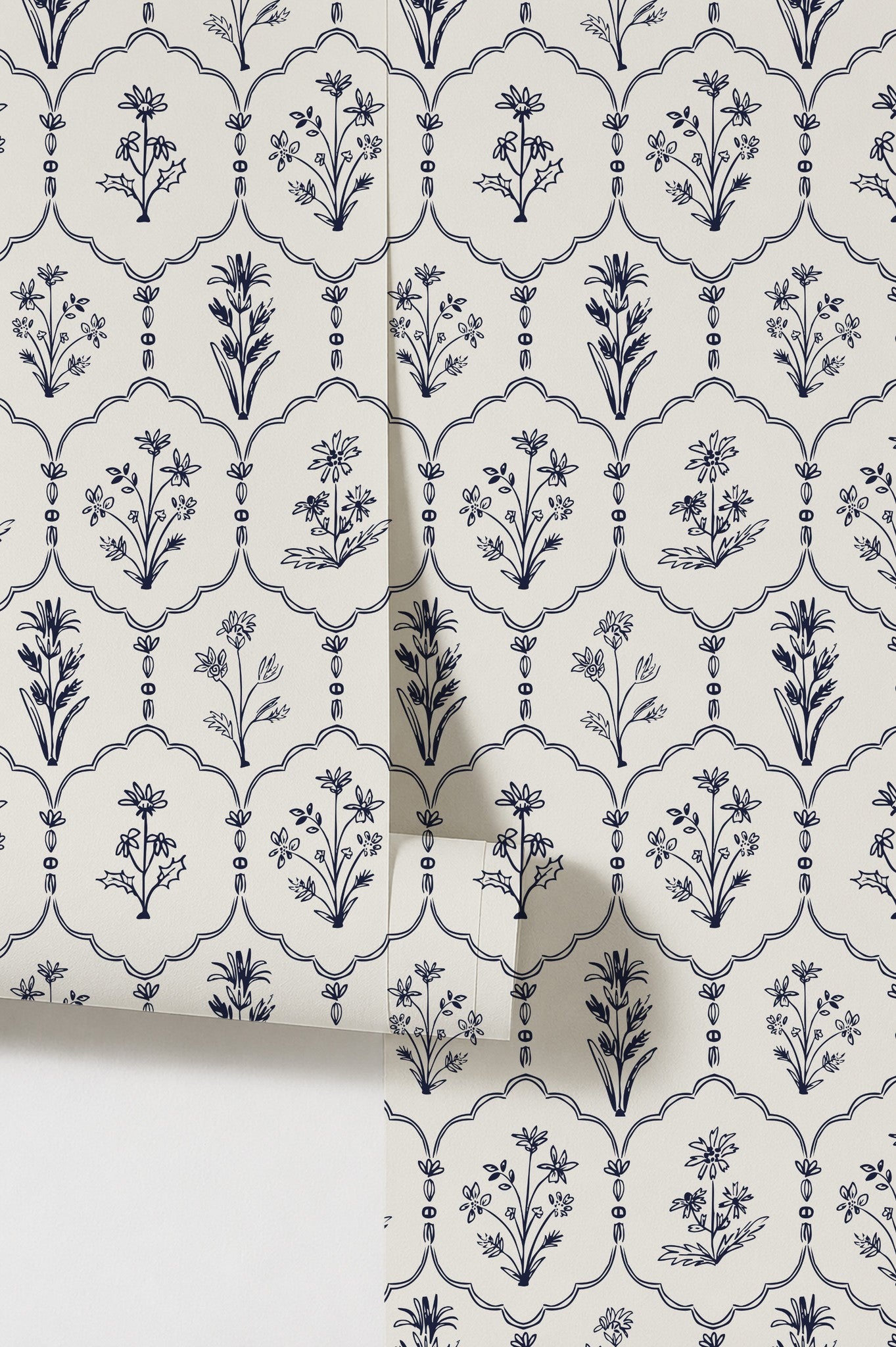 Floral Trellis White wallpaper with navy blue floral motifs on white background