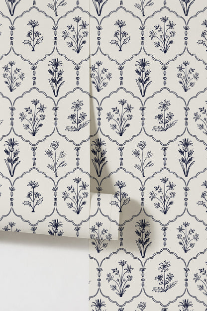 Floral Trellis White wallpaper with navy blue floral motifs on white background