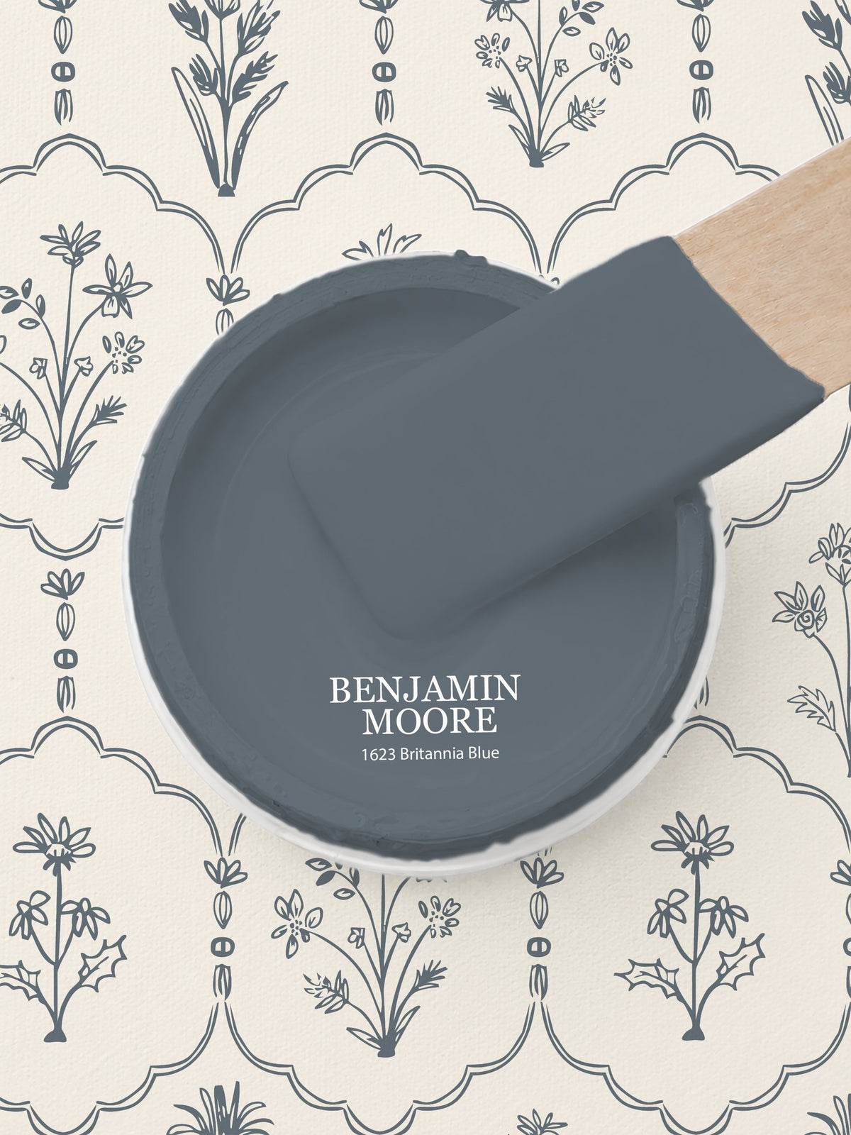 Floral Trellis White wallpaper with blue floral motifs and paint swatch.