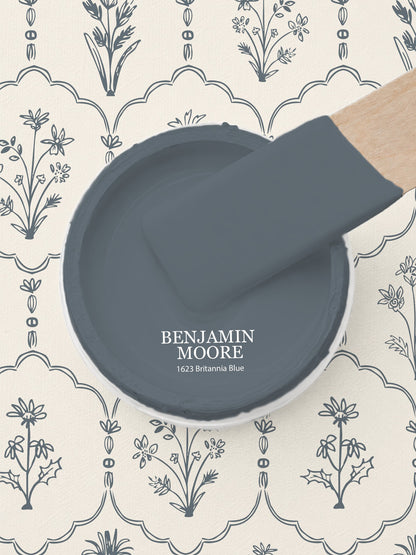 Floral Trellis White wallpaper with blue floral motifs and paint swatch.