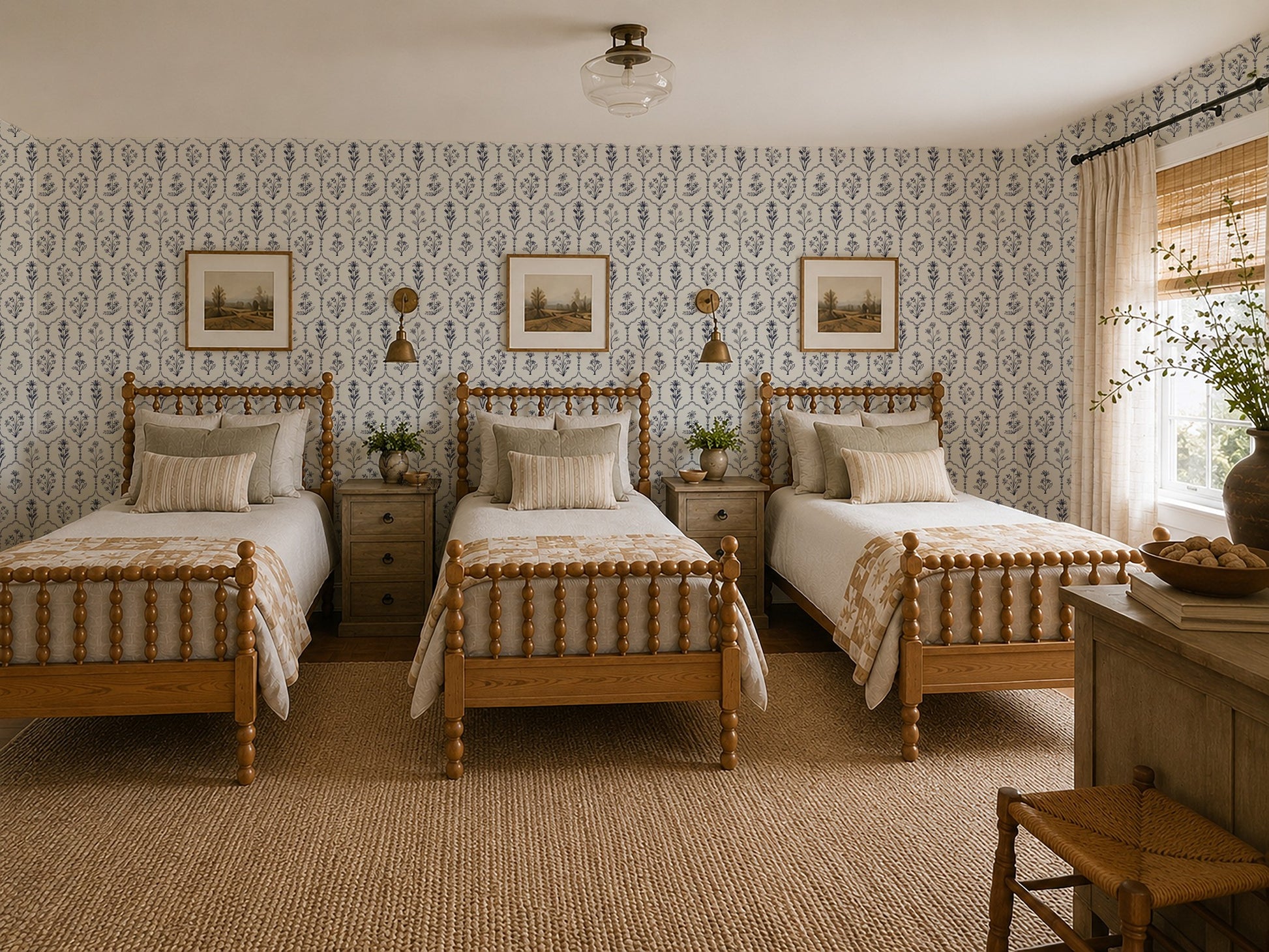 Floral trellis white wallpaper in a cozy bedroom with three wooden beds.