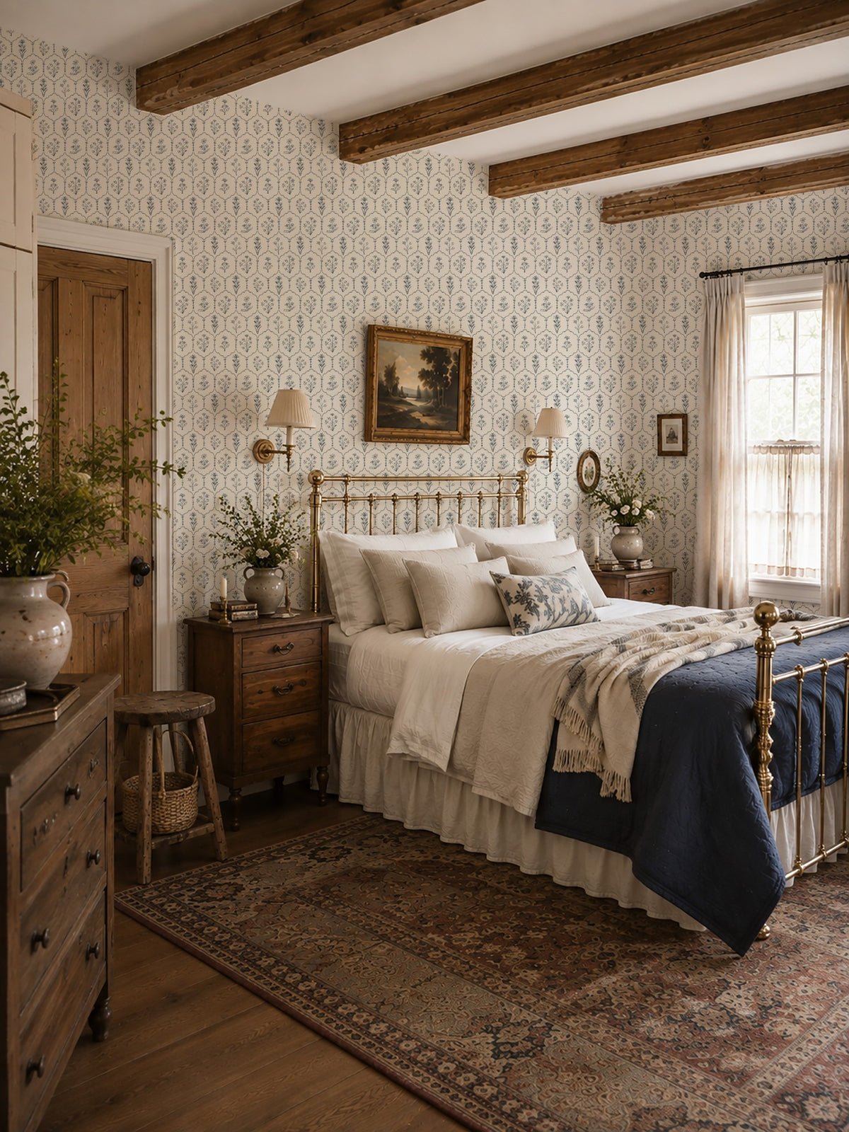 Floral Trellis White wallpaper in a cozy, rustic bedroom with vintage decor.