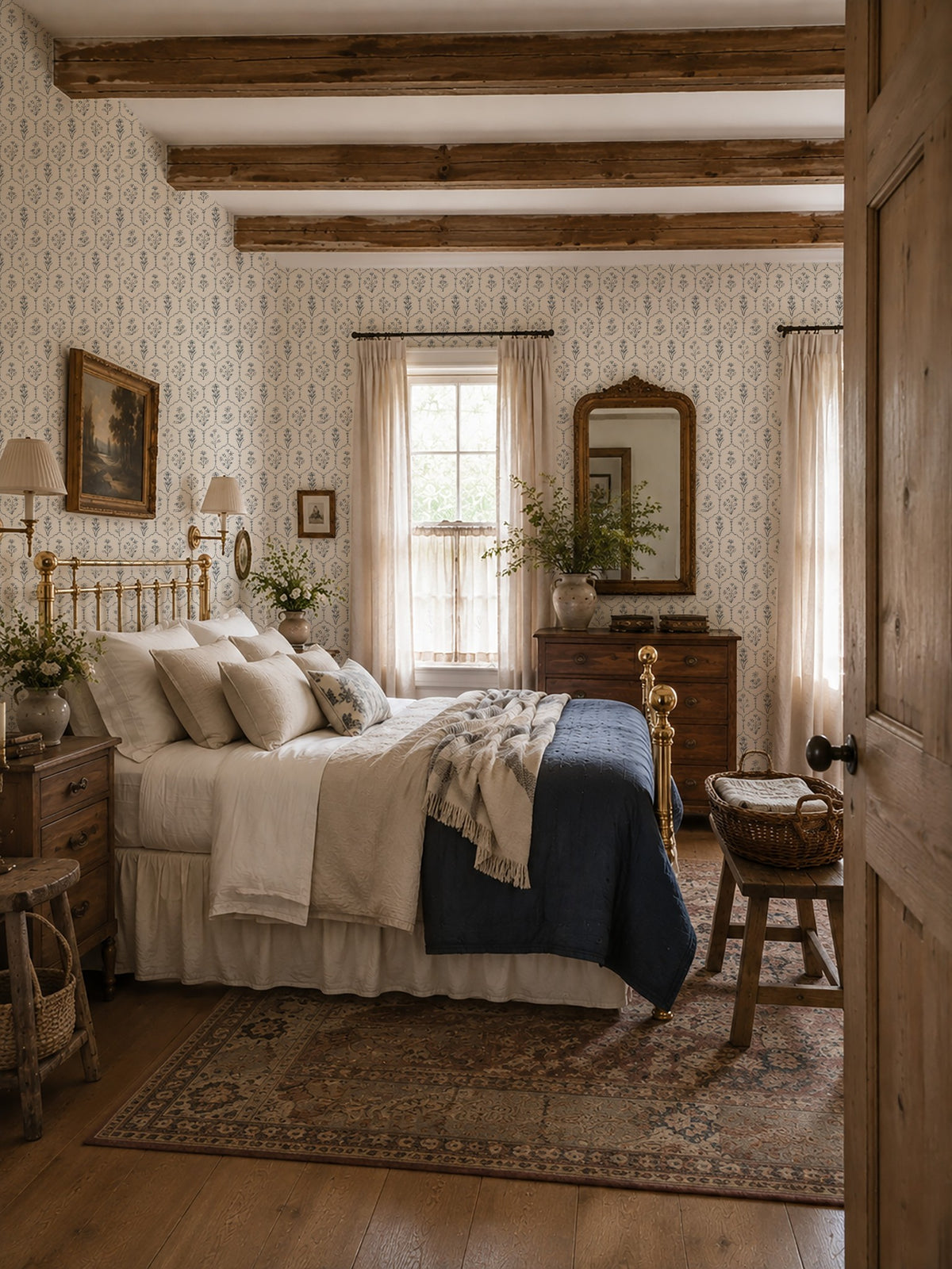 Floral trellis white wallpaper in rustic bedroom with vintage decor and wooden beams.