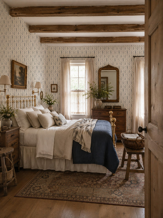 Floral trellis white wallpaper in rustic bedroom with vintage decor and wooden beams.